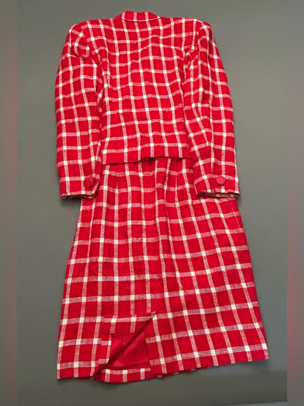 Vintage Circa 90's Couture Dior Red and White Windowpane Blazer and Skirt SET
